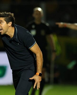 O técnico Abel Ferreira grita e aponta o dedo na direção do gramado