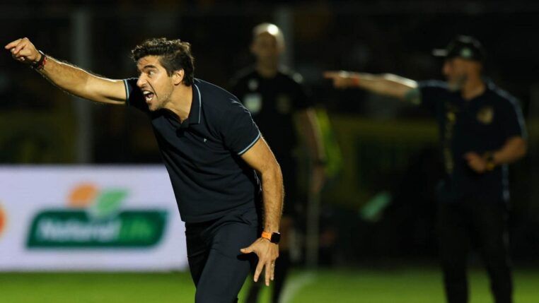 O técnico Abel Ferreira grita e aponta o dedo na direção do gramado