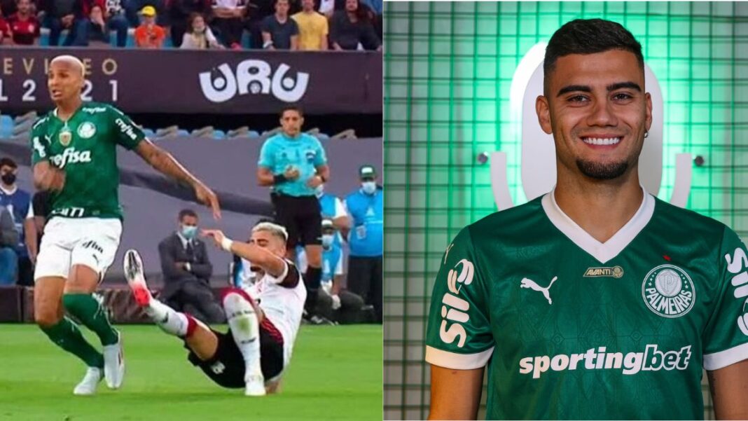 Montagem lado a lado: à esquerda, Andreas Pereira (atuando pelo Flamengo) escorregando e sendo desarmado na final da Libertadores 2021, contra o Palmeiras. À direita, Andreas Pereira em 2025 sendo apresentado como jogador do Palmeiras