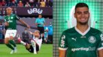 Montagem lado a lado: à esquerda, Andreas Pereira (atuando pelo Flamengo) escorregando e sendo desarmado na final da Libertadores 2021, contra o Palmeiras. À direita, Andreas Pereira em 2025 sendo apresentado como jogador do Palmeiras