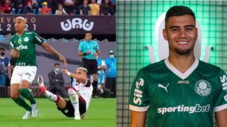 Montagem lado a lado: à esquerda, Andreas Pereira (atuando pelo Flamengo) escorregando e sendo desarmado na final da Libertadores 2021, contra o Palmeiras. À direita, Andreas Pereira em 2025 sendo apresentado como jogador do Palmeiras