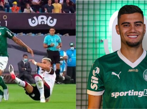 Montagem lado a lado: à esquerda, Andreas Pereira (atuando pelo Flamengo) escorregando e sendo desarmado na final da Libertadores 2021, contra o Palmeiras. À direita, Andreas Pereira em 2025 sendo apresentado como jogador do Palmeiras
