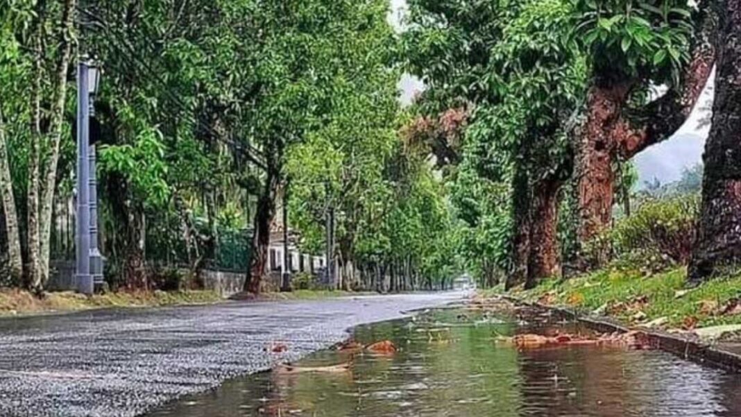 Imagem de um trecho de Petrópolis (RJ) levemente alagado após chuva