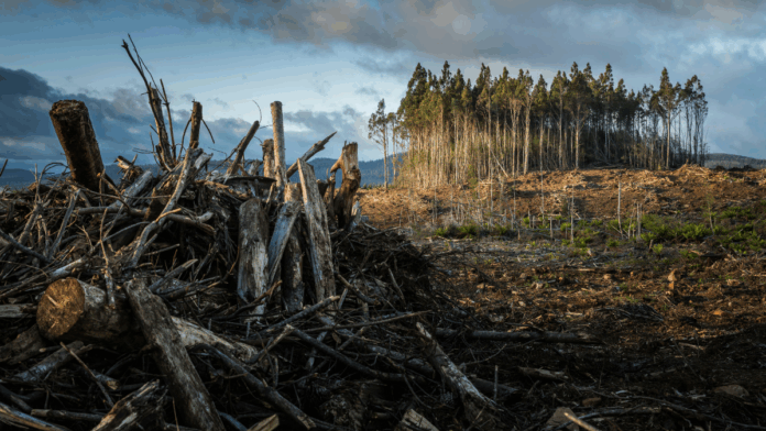 Área de desmatamento com troncos e galhos empilhados no primeiro plano, enquanto ao fundo permanece um pequeno trecho de floresta de árvores altas sob céu nublado.
