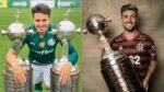 Em uma foto, Raphael Veiga, do Palmeiras, posa ao lado de duas taças da Libertadores, na outra, Arrascaeta, do Flamengo, segura o troféu da competição
