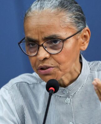 Marina Silva, ministra do meio ambiente, fala ao microfone e gesticula