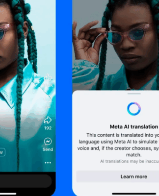 Interface do aplicativo da Meta exibindo vídeo de uma mulher com tranças verdes e óculos rosados, vestindo camisa azul brilhante. Ao lado, aparece mensagem sobre a função “Meta AI translation”, que explica o uso de inteligência artificial para traduzir e sincronizar voz e lábios em vídeos.