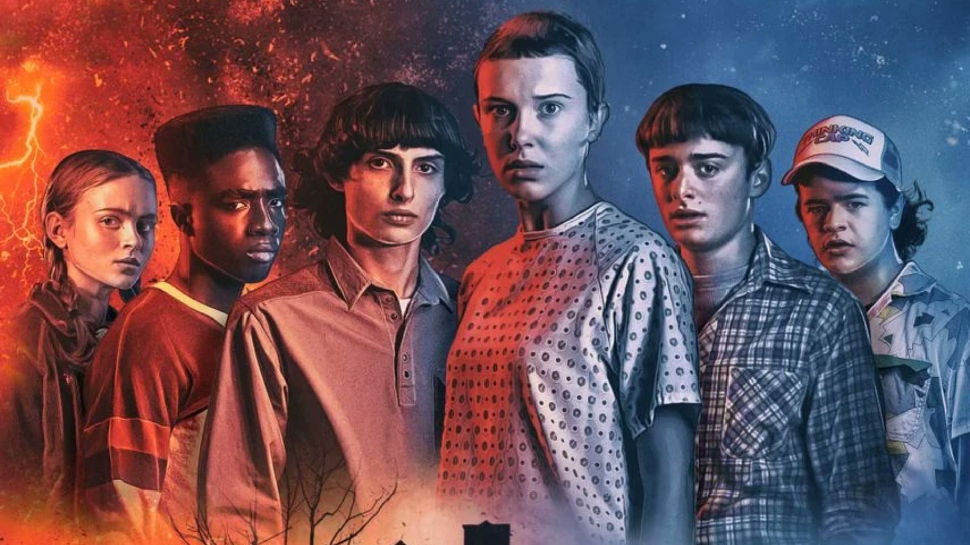 Personagens da série (Eleven, Max, Lucas, Will, Dustin e Mike)