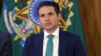 O presidente da Câmara dos Deputados, Hugo Motta, durante assinatura da medida provisória (MP) Brasil Soberano, no Palácio do Planalto