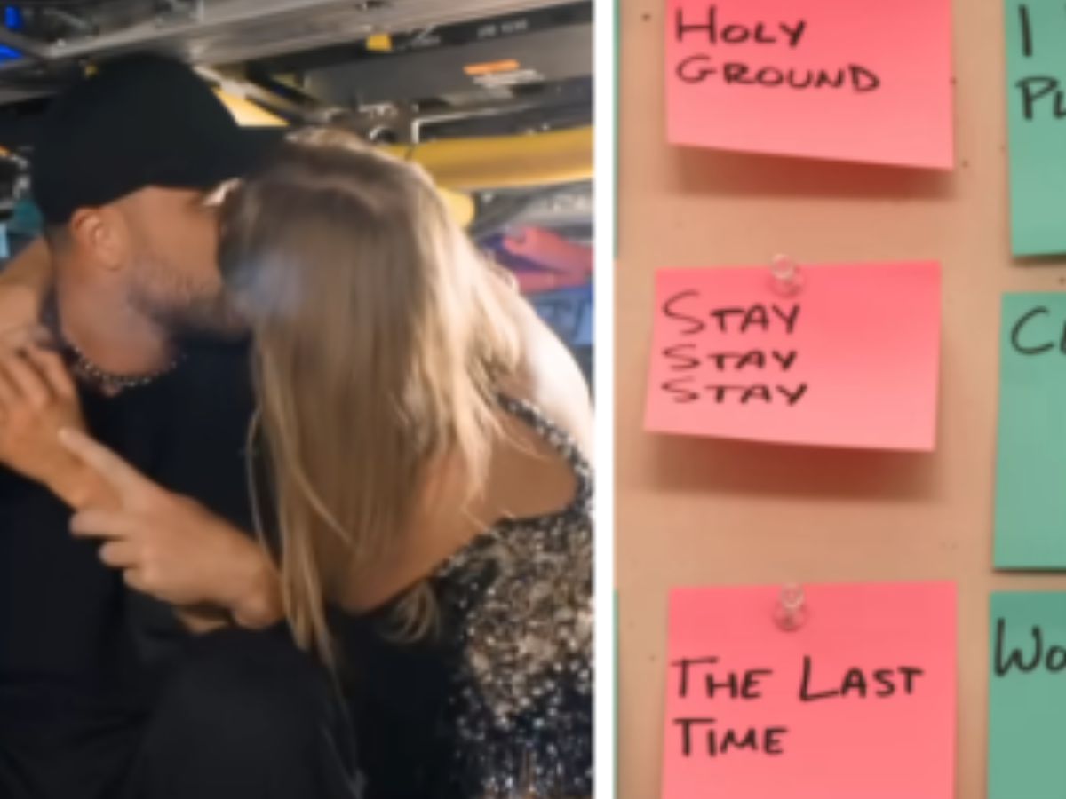 Na foto há duas divisões. Na primeira há um casal se beijando e na segunda há diversos posts-it escritos em inglês.