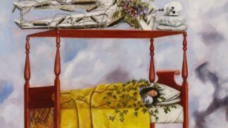 Quadro de uma mulher deitada na cama com um esqueleto na parte de cima