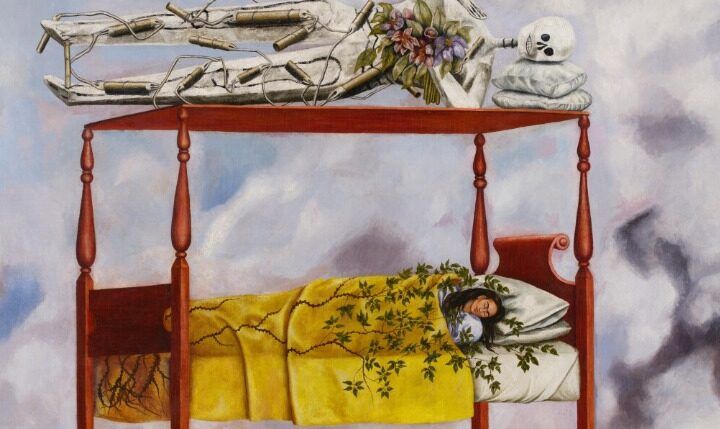 Quadro de uma mulher deitada na cama com um esqueleto na parte de cima