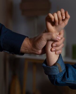 Mão segurando um braço com força