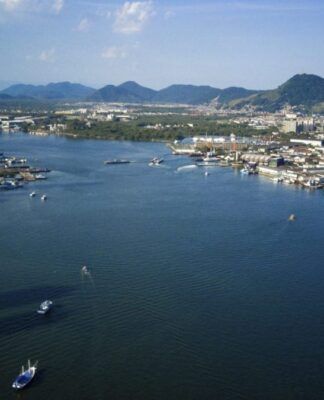 Esta é uma fotografia panorâmica, tirada de um ponto alto sob forte luz do dia, mostrando uma paisagem urbana, portuária e natural, dividindo as cidades de Santos e Guarujá.