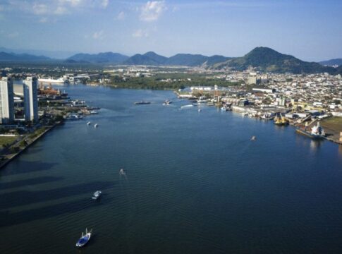 Esta é uma fotografia panorâmica, tirada de um ponto alto sob forte luz do dia, mostrando uma paisagem urbana, portuária e natural, dividindo as cidades de Santos e Guarujá.