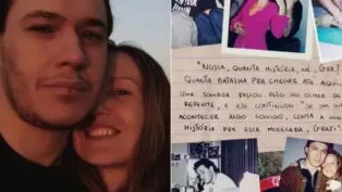 Imagem com fotos do Chorão e sua viúva, Graziela