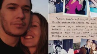 Imagem com fotos do Chorão e sua viúva, Graziela