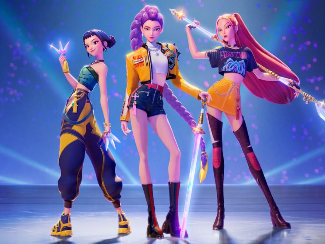 Trecho da animação Guerreiras do K-pop em que aparece três mulheres.