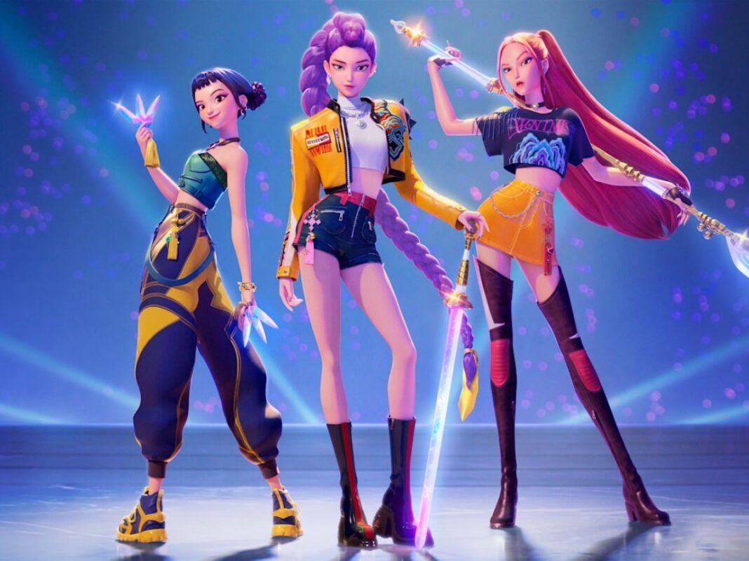 Trecho da animação Guerreiras do K-pop em que aparece três mulheres.