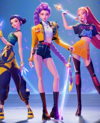 Trecho da animação Guerreiras do K-pop em que aparece três mulheres.