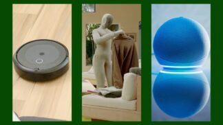 Imagem mostra uma sequência de fotografias: a primeira é um aspirador robô; a segunda é um robô humanoide doméstico; e a segunda é uma assistente virtual Alexa.