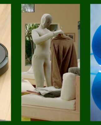 Imagem mostra uma sequência de fotografias: a primeira é um aspirador robô; a segunda é um robô humanoide doméstico; e a segunda é uma assistente virtual Alexa.