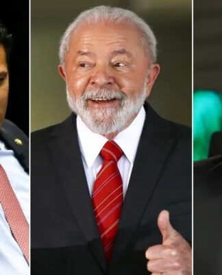 Esta é uma montagem em formato de tríptico (três closes lado a lado) apresentando três figuras políticas do cenário brasileiro. O painel esquerdo mostra o político Davi Alcolumbre. O painel central exibe o Presidente Luiz Inácio Lula da Silva. O painel à direita mostra o político Messias Donato.