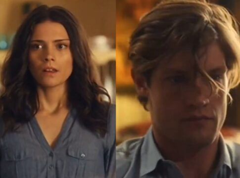 A foto está dividida em dois, do lado esquerdo tem uma mulher usando um vestido azul e do lado direito há um homem loiro usando camisa.