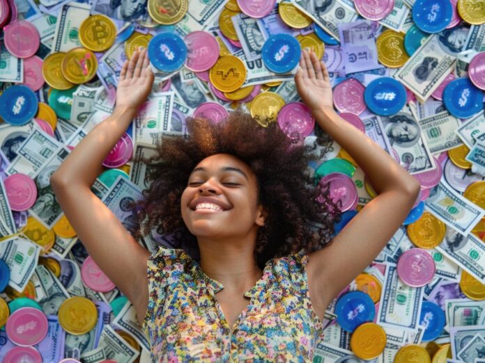 Em imagem ilustrativa, mulher está jogada e feliz em cima de montanhas de dinheiro e símbolos de moedas coloridas.