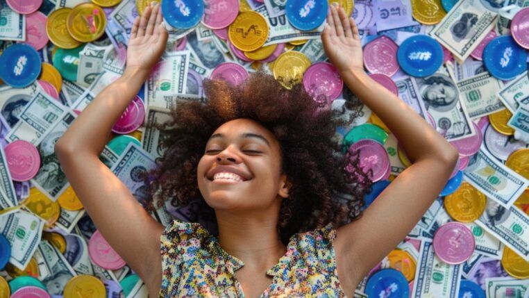 Em imagem ilustrativa, mulher está jogada e feliz em cima de montanhas de dinheiro e símbolos de moedas coloridas.