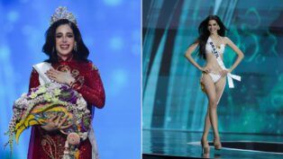Imagem mostra uma montagem com duas misses. À esquerda, aparece a Miss México, Fátima Bosch, eleita Miss Universo. À direita, a miss brasileira 2025, Gabriela Lacerda.