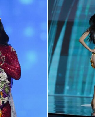 Imagem mostra uma montagem com duas misses. À esquerda, aparece a Miss México, Fátima Bosch, eleita Miss Universo. À direita, a miss brasileira 2025, Gabriela Lacerda.