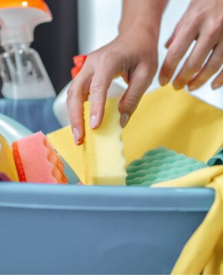 mãos de uma mulher pegando produtos de limpeza em uma caixa