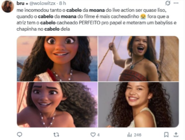 Tweet de internauta questionando o cabelo liso de "Moana"