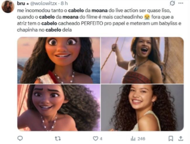 Tweet de internauta questionando o cabelo liso de "Moana"
