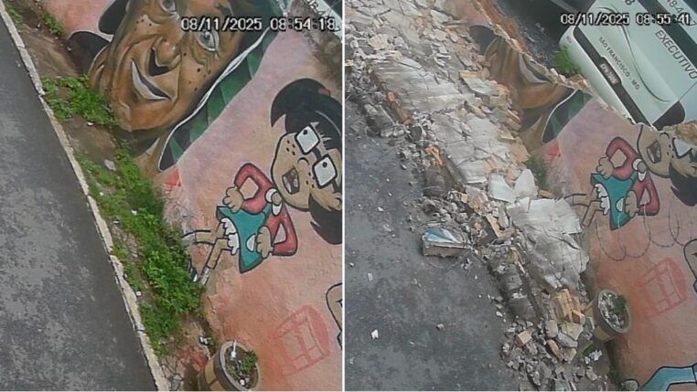 A imagem é dividida verticalmente em duas partes, mostrando o "antes" e o "durante" ou "depois imediato" de um desmoronamento. Há marcações de data e hora de uma câmera de segurança no canto superior de ambas as metades. A metade esquerda mostra um muro de concreto ou alvenaria pintado com um mural de grafite da série mexicana Chaves. A metade direita mostra o muro em processo de desmoronamento ou já desabado.