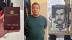 Imagem mostra a montagem de três painéis com um passaporte colombiano, um homem preso com blur no rosto e um livro sobre Pablo Escobar.