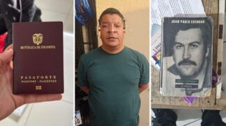 Imagem mostra a montagem de três painéis com um passaporte colombiano, um homem preso com blur no rosto e um livro sobre Pablo Escobar.