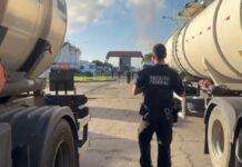 Esta é uma fotografia em plano médio, tirada ao nível do chão, em um ambiente industrial ou de pátio de caminhões sob luz natural intensa. O foco está em um agente de segurança em meio a dois caminhões-tanque.