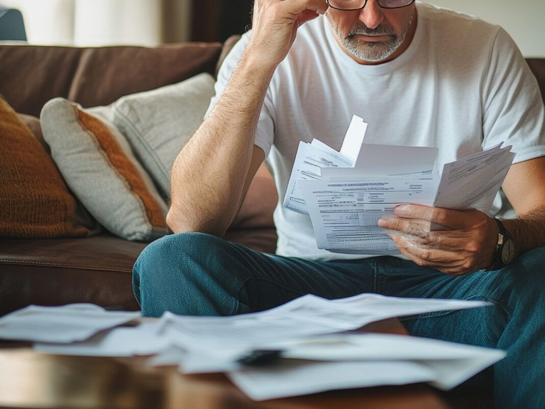 Em imagem ilustrativa, homem faz análise de suas dívidas