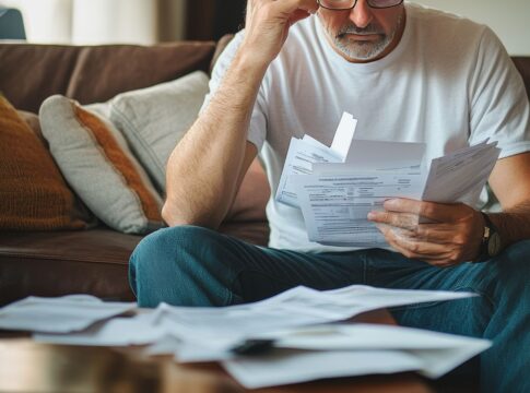 Em imagem ilustrativa, homem faz análise de suas dívidas