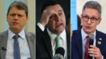 Imagem mostra uma montagem com três governadores de direita. À esquerda, aparece Tarcísio de Freitas. No meio, Ratinho Junior. À direita, Romeu Zema.