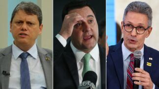 Imagem mostra uma montagem com três governadores de direita. À esquerda, aparece Tarcísio de Freitas. No meio, Ratinho Junior. À direita, Romeu Zema.