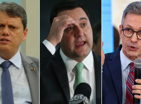 Imagem mostra uma montagem com três governadores de direita. À esquerda, aparece Tarcísio de Freitas. No meio, Ratinho Junior. À direita, Romeu Zema.