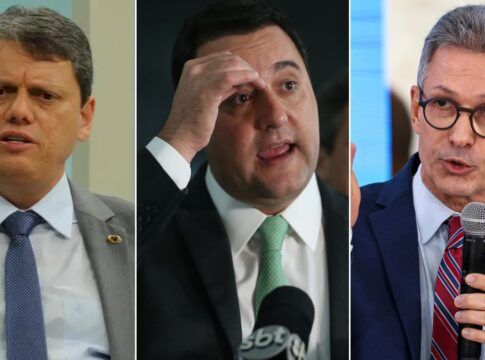 Imagem mostra uma montagem com três governadores de direita. À esquerda, aparece Tarcísio de Freitas. No meio, Ratinho Junior. À direita, Romeu Zema.