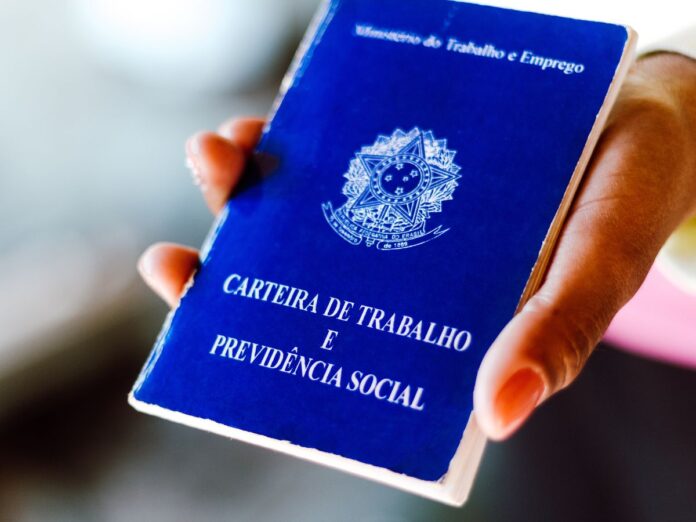 Em imagem ilustrativa, pessoa segura em suas mãos, uma carteira de trabalho brasileira.