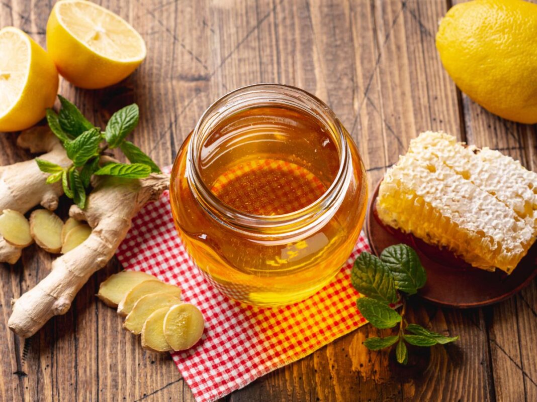 Em imagem ilustrativa, uma mesa leva vinagre de maça, gengibre e mel