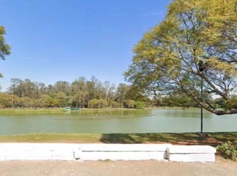 Um lago tranquilo em um parque arborizado, com árvores grandes nas laterais e um céu azul claro. A água esverdeada reflete a vegetação ao redor. Há uma pessoa sentada à direita, apreciando a paisagem, e um amplo gramado à beira do lago.