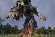Tela do jogo Ashes of Creation, onde um personagem enfrenta um monstro gigante num campo aberto