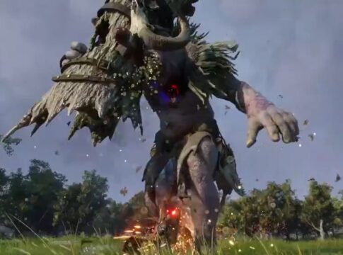 Tela do jogo Ashes of Creation, onde um personagem enfrenta um monstro gigante num campo aberto